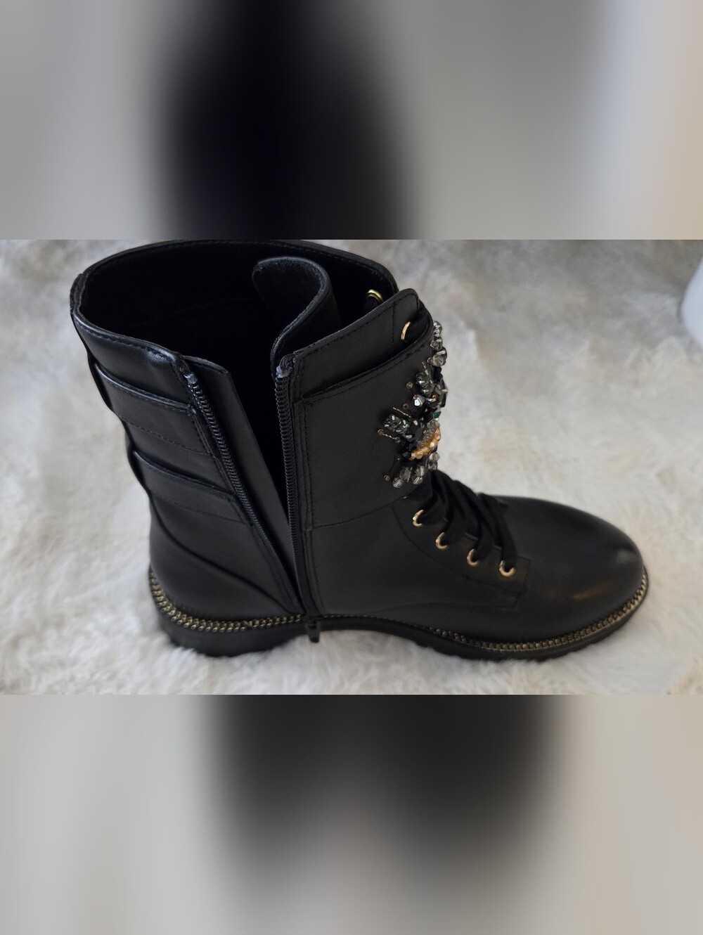 Kurt Geiger Black Lace-Up Combat Boots with Green Jewel Eye Embellishment - Picture 5 of 7